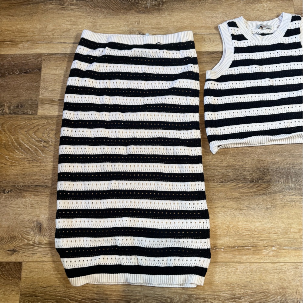 Casa Cabana Black & White Striped Knit Maxi Skirt Set Tank Top Women’s Large